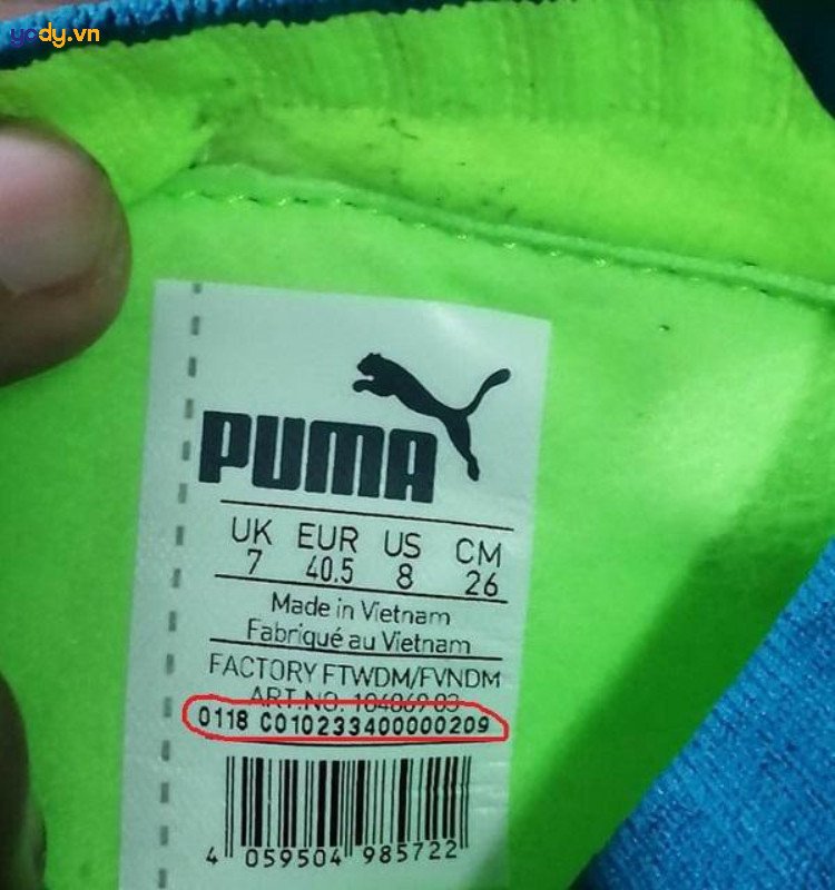 Mã sản phẩm giày Puma chính hãng trên tem lưỡi gà
