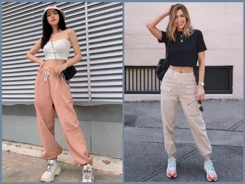 Mặc áo thun ôm với giày thể thao nữ, quần jogger