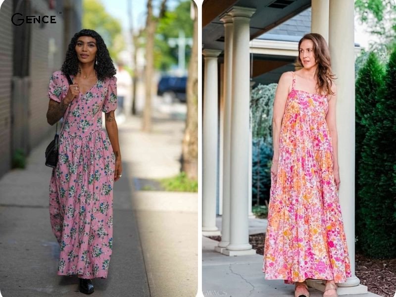 Mẫu đầm maxi kẻ sọc và giày lười nữ màu nâu, gợi ý cách phối đồ với giày lười nữ đi biển