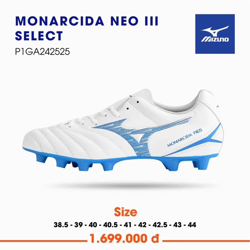 Mẫu giày bóng đá Mizuno Monarcida Neo III Select sân cỏ tự nhiên phối màu trắng và xanh, ôm chân