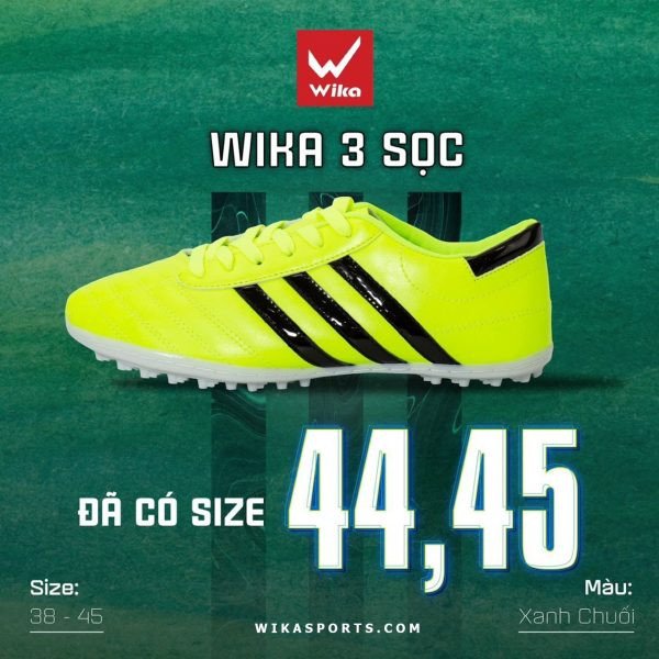 Mẫu giày đá bóng Wika 3 sọc CT3 xanh chuối nổi bật, được cầu thủ phủi yêu thích bởi khả năng ôm chân