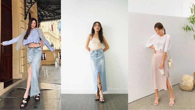 Mẫu giày sandal quai mảnh màu be phối cùng chân váy dài họa tiết, tạo nét dịu dàng ngày hè.