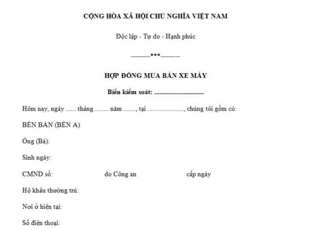 Mẫu giấy tay mua bán xe máy cũ chi tiết với các thông tin cần thiết