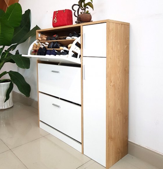 Mẫu tủ giày dép gỗ công nghiệp hiện đại màu trắng sồi với cánh lật thông minh