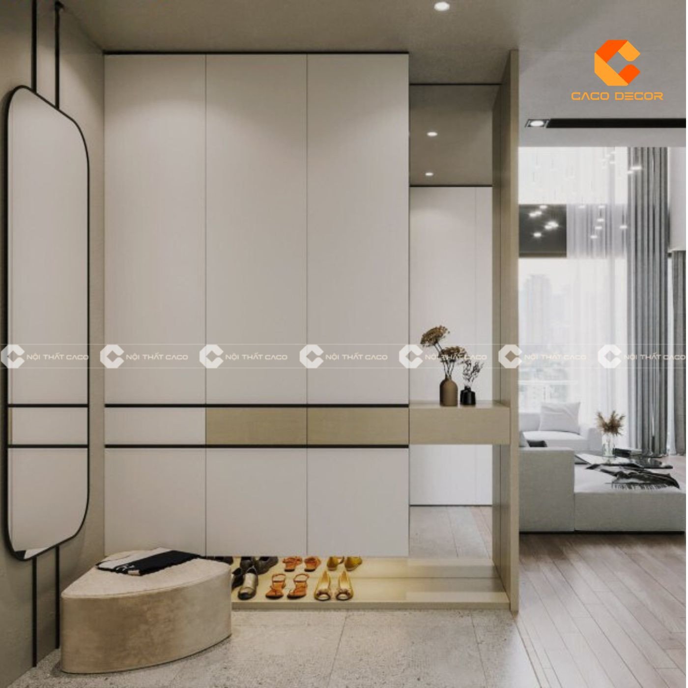 Mẫu tủ giày kịch trần đẹp màu trắng kết hợp gương soi tiện dụng