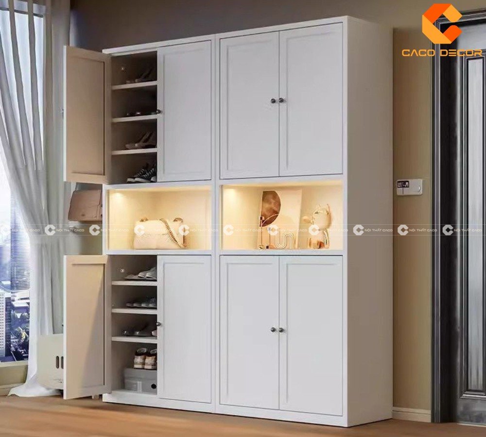Mẫu tủ giày thông minh đẹp tích hợp khu vực lưu trữ đồ dùng, kiểu dáng hiện đại tiện lợi