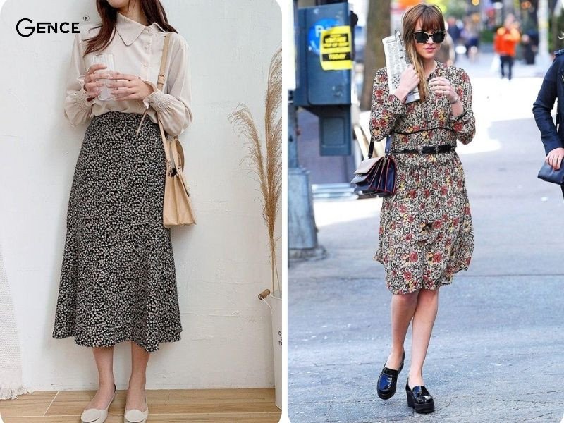 Mẫu váy hoa nhí đỏ kết hợp giày lười nữ đen tạo nên cách phối đồ với giày lười nữ nữ tính, thanh lịch