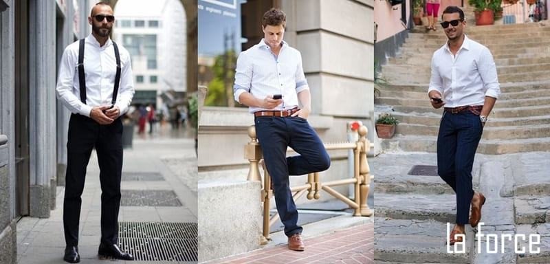 Mix đồ với giày tây nâu, áo sơ mi và quần tây lịch lãm