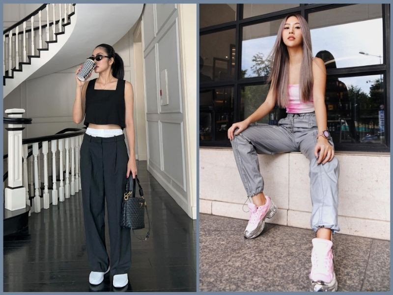 Mix giày thể thao nữ cùng quần ống suông và áo croptop