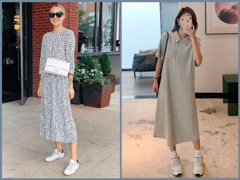 mix giày thể thao nữ cùng váy suông dịu dàng