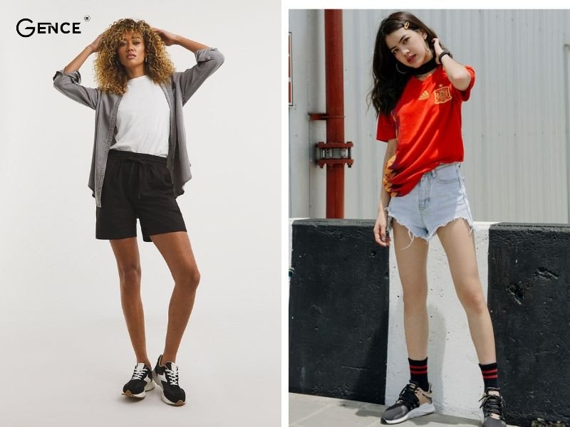 Mix quần short với giày sneaker đen nữ trẻ trung