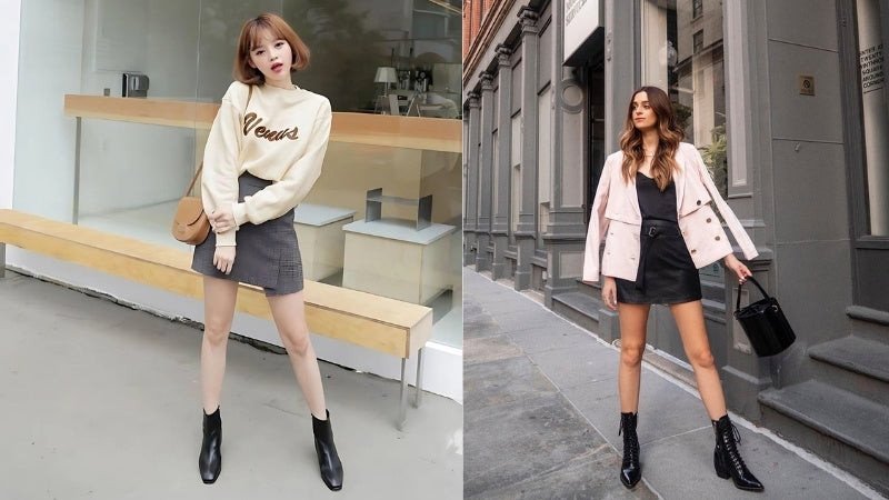 Một cô gái mặc chân váy chữ A ngắn màu đen, áo len màu đen và giày Chelsea boots màu đen, tạo nên vẻ ngoài năng động và cá tính.