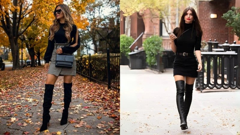 Một cô gái mặc chân váy chữ A ngắn màu đen, áo len oversize màu trắng kem và boots cao quá gối màu đen, toát lên vẻ thời trang và ấm áp.
