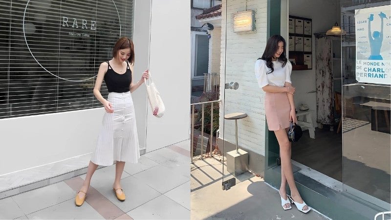 Một cô gái với chân váy chữ A kẻ sọc, áo hai dây trắng và giày mule màu trắng kem, thể hiện vẻ đẹp tối giản và tinh tế.