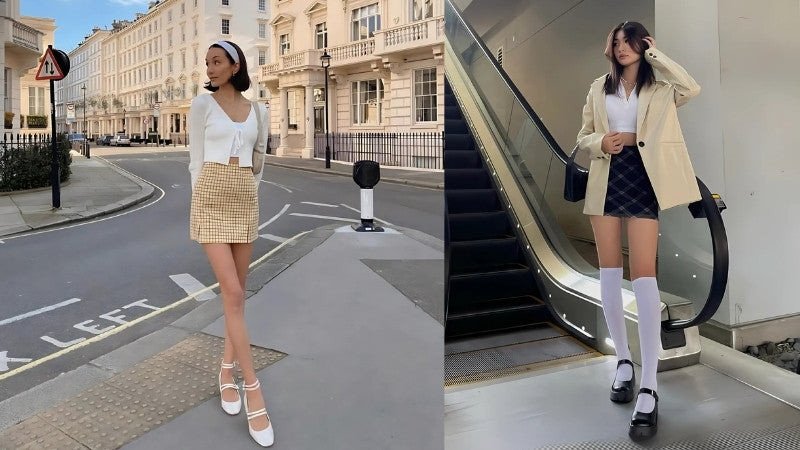 Một cô gái với chân váy chữ A màu be, áo blouse trắng tay phồng và giày Mary Jane màu nâu, mang phong cách cổ điển và nữ tính.