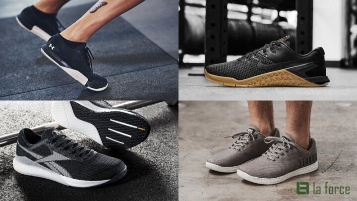 Một đôi giày đi tập gym màu đen với đế phẳng và chắc chắn