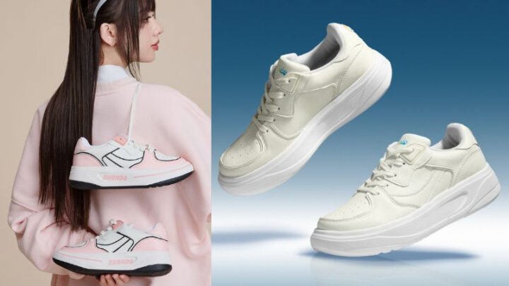 Một đôi giày sneaker nữ màu trắng với đế cao, kiểu dáng thể thao năng động