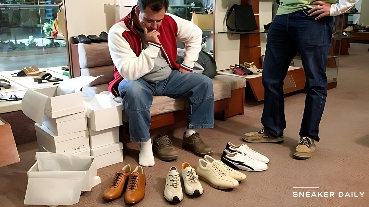 Một người đang thử giày, kiểm tra độ vừa vặn và sự thoải mái của đôi giày mới, rất quan trọng khi chọn giày cho bàn chân 24.5cm.