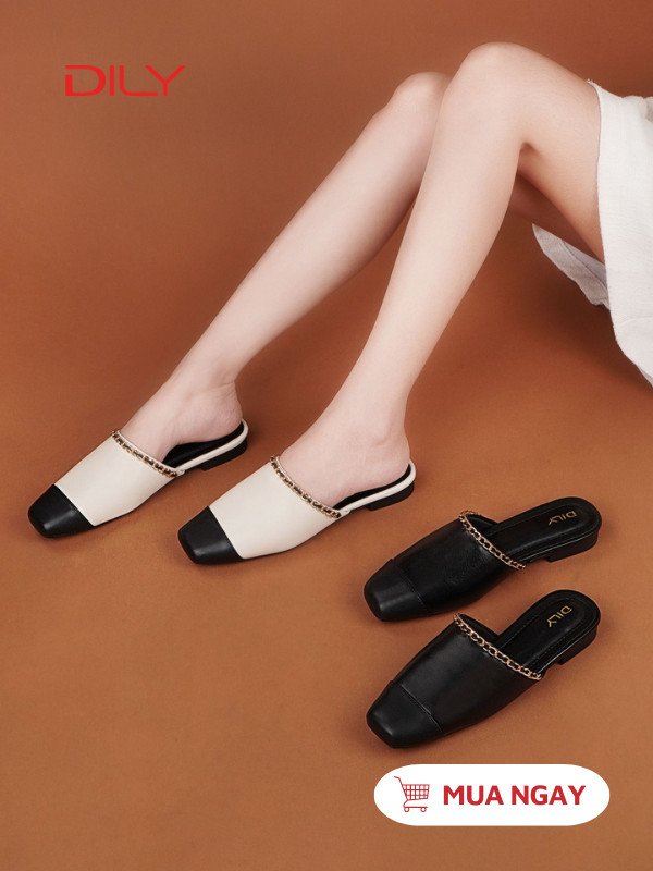 Mules mũi vuông gắn khóa xích màu đen trắng, giày mùa hè nữ thanh lịch