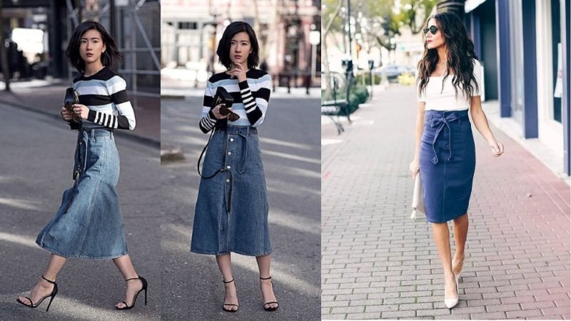 Nét thanh lịch khi mặc chân váy bò dài kết hợp giày cao gót