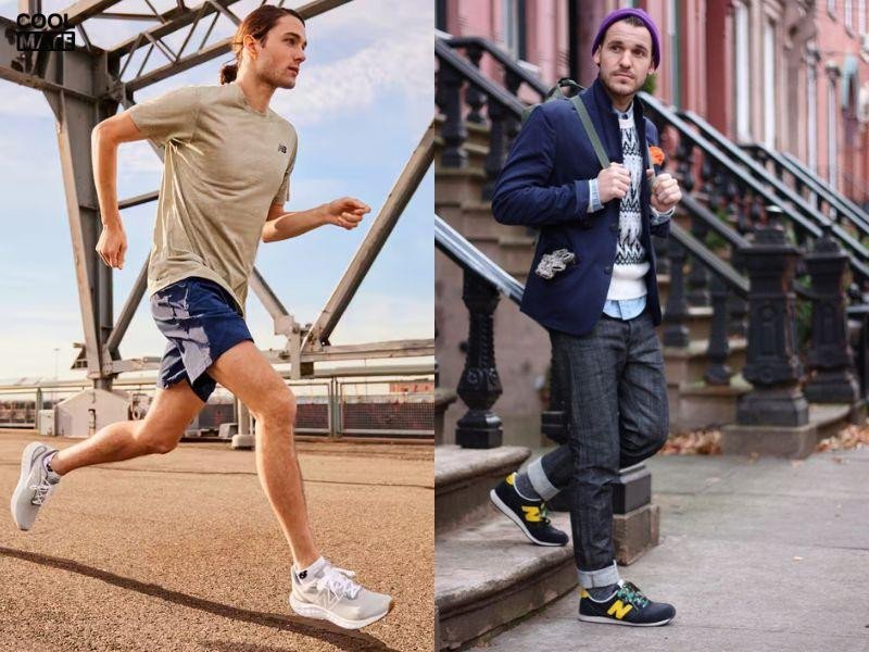 Người đàn ông đi giày New Balance nam trong bối cảnh thành thị năng động, minh họa tính ứng dụng cao trong nhiều hoàn cảnh.