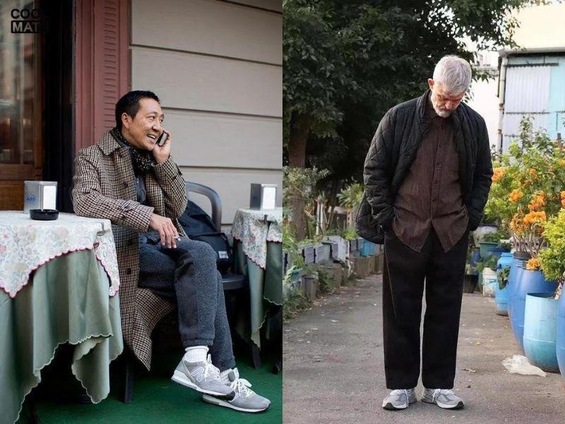 Người đàn ông lớn tuổi kết hợp giày New Balance nam với trang phục thường ngày, cho thấy sự phù hợp với mọi đối tượng.