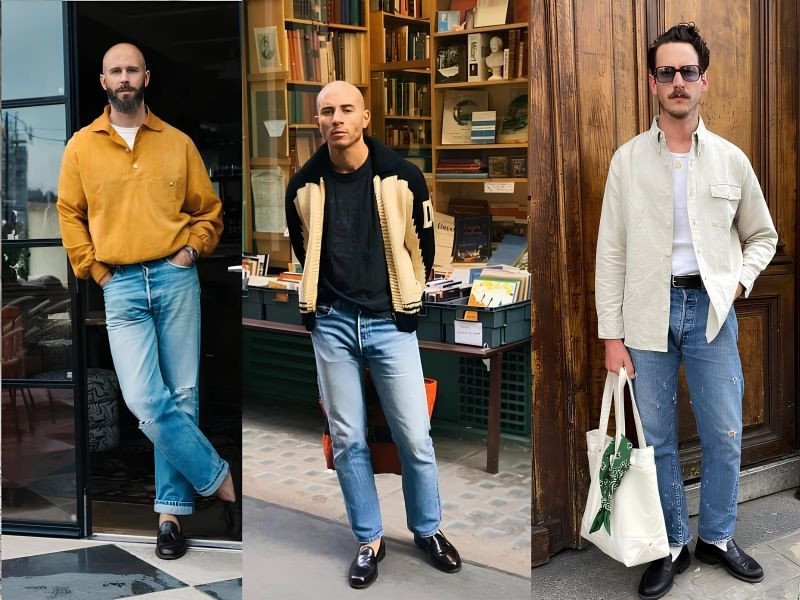 Người đàn ông mặc áo khoác blazer, quần jean xám và giày loafer đen
