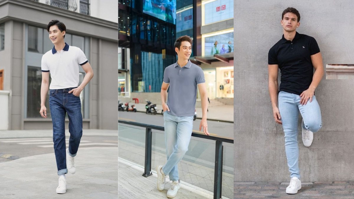 Người đàn ông mặc áo polo màu xanh nước biển, quần jean xanh và giày sneaker trắng