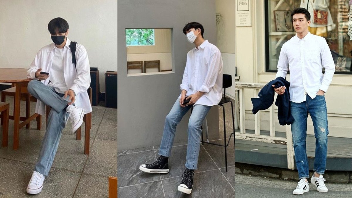 Người đàn ông mặc áo sơ mi kẻ sọc xanh, quần jean ống suông và giày sneaker trắng