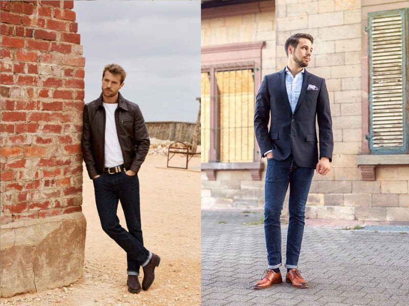 Người đàn ông mặc áo thun, áo khoác denim, quần jean và giày Chelsea boot