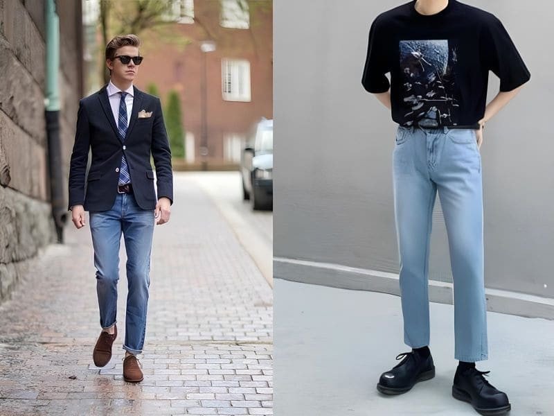 Người đàn ông mặc quần jean xanh bạc và giày da không dây màu nâu