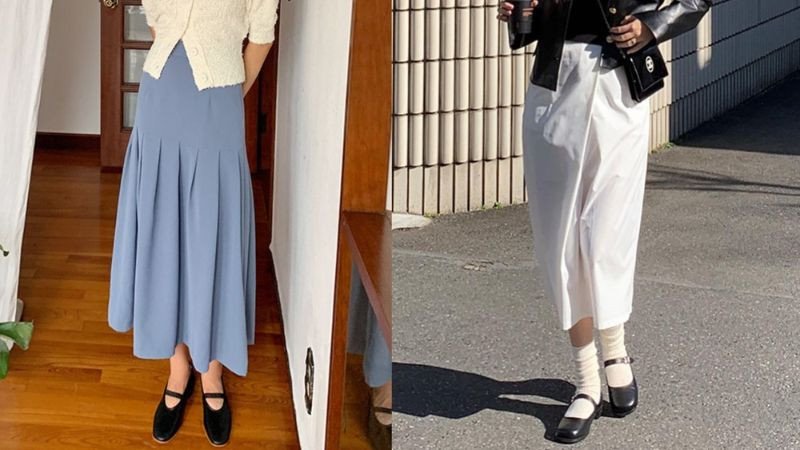 Người mẫu cao ráo diện chân váy dài và giày bệt, minh chứng cho sự đa dạng trong cách phối đồ.