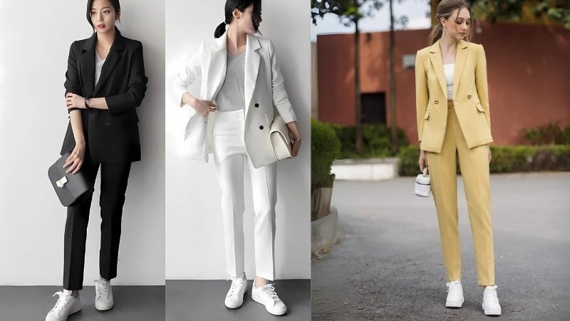 Người mẫu mặc áo blazer kẻ sọc, áo thun trắng và giày thể thao trắng phong cách