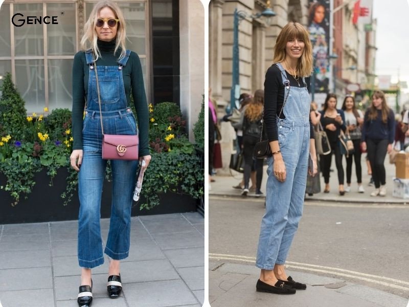 Người mẫu mặc quần yếm jean, áo thun trắng và giày lười nữ, phong cách phối đồ với giày lười nữ cá tính