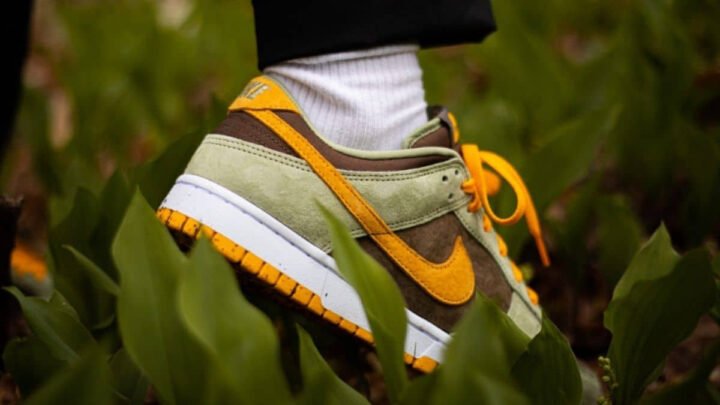 Người mẫu mang giày Nike Dunk xanh trắng