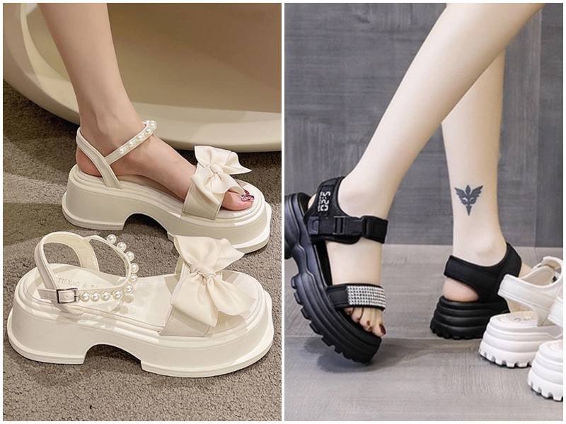 Người phụ nữ mặc áo dài xanh phối giày đế bánh mì màu kem