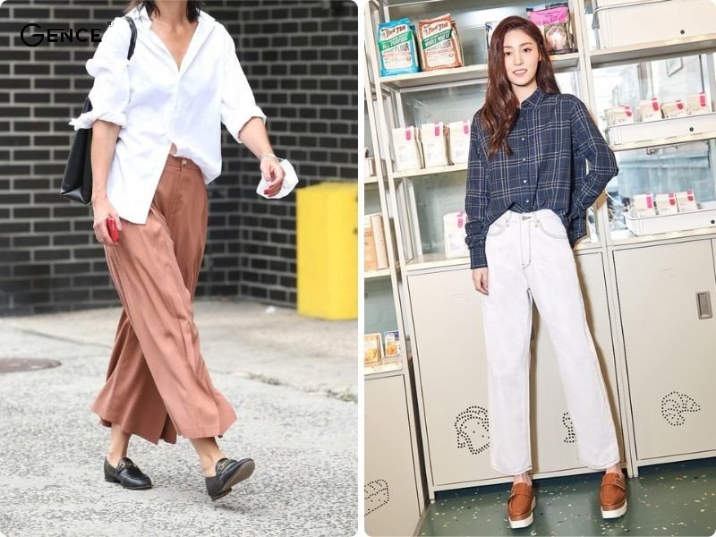 Người phụ nữ mặc áo kẻ sọc, quần ống rộng trắng và giày lười nữ đen, cách phối đồ với giày lười nữ dịu dàng, cá tính