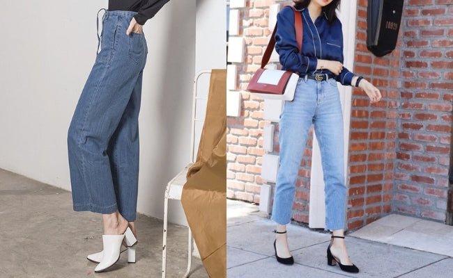 Người phụ nữ sành điệu diện quần jean ống rộng xanh denim và giày cao gót màu nude cùng áo sơ mi trắng cách điệu