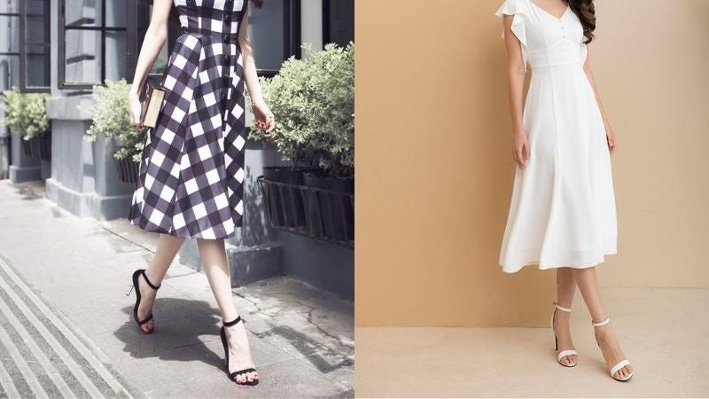 Người phụ nữ thanh lịch mặc chân váy xòe đỏ phối cùng giày cao gót đen