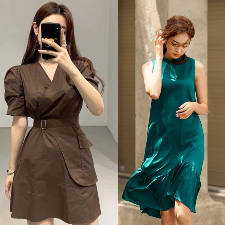 Nhiều chất liệu vải khác nhau như jean, lụa, voan, gợi ý cách chọn giày phù hợp khi mặc đầm dài mang giày gì