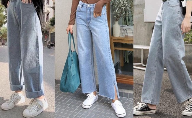 Nữ giới mặc quần jean ống rộng xanh nhạt và áo sơ mi kẻ sọc với giày sneaker trắng