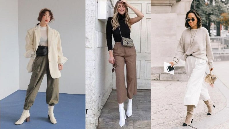 Nữ giới phối quần tây ống rộng với boots cao gót đen tạo sự quyến rũ