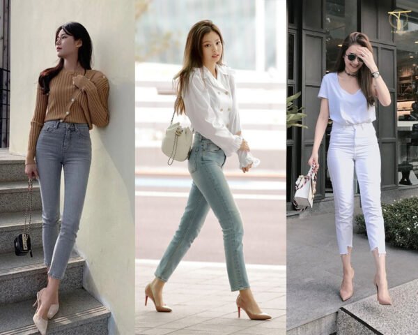 Nữ sinh trong tà áo dài xanh ngọc, đội nón lá, đi giày cao gót màu be chụp ảnh kỷ yếu