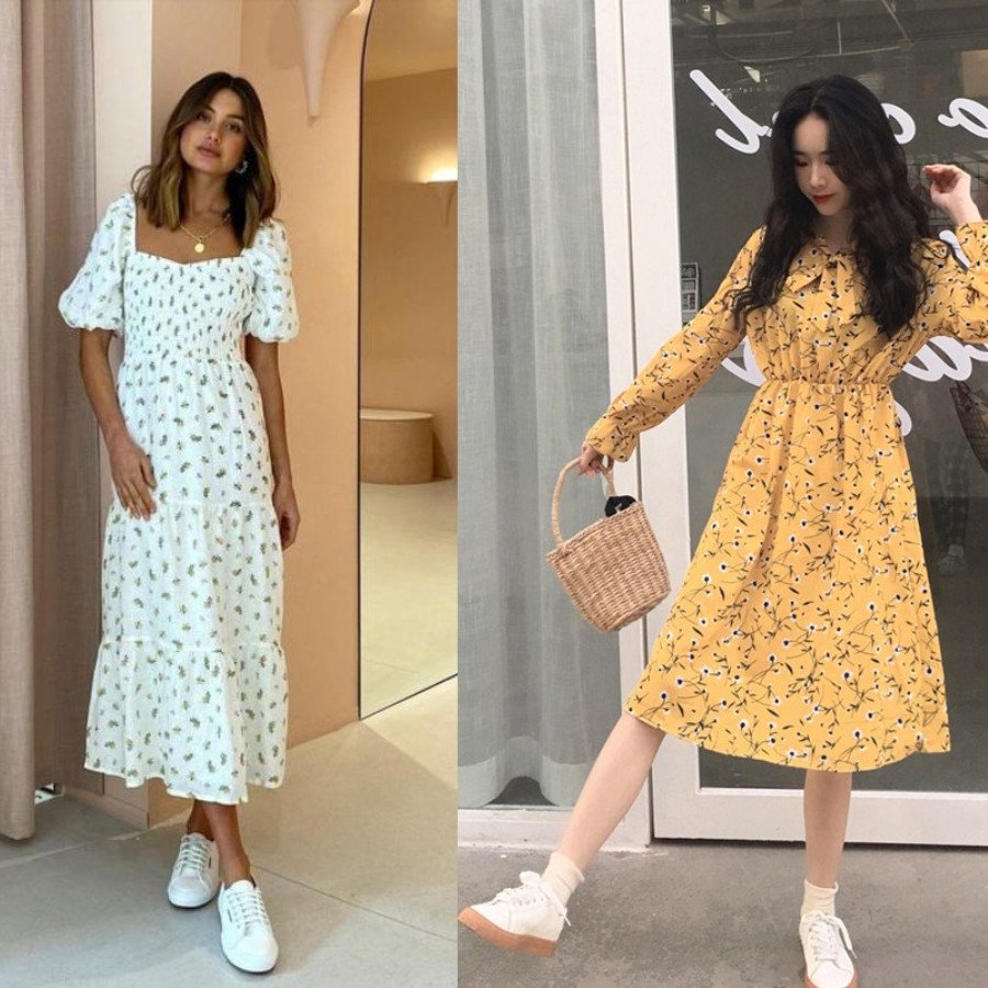 Nữ tính với váy hoa và giày sneaker tạo điểm nhấn