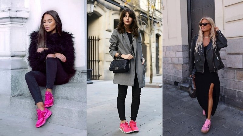 Outfit đen huyền bí kết hợp cùng giày sneaker hồng nổi bật
