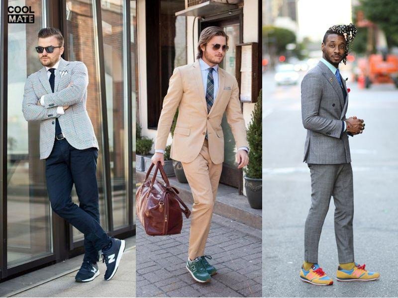 Outfit lịch lãm: giày New Balance nam kết hợp với quần âu màu xám và áo sơ mi trắng, phá vỡ khuôn mẫu thời trang công sở.