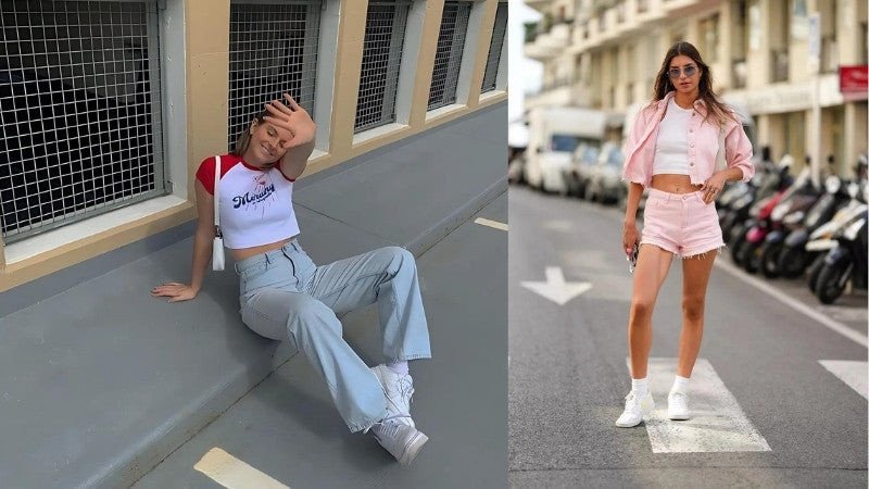 Outfit tôn dáng với giày thể thao trắng nữ và áo croptop cá tính