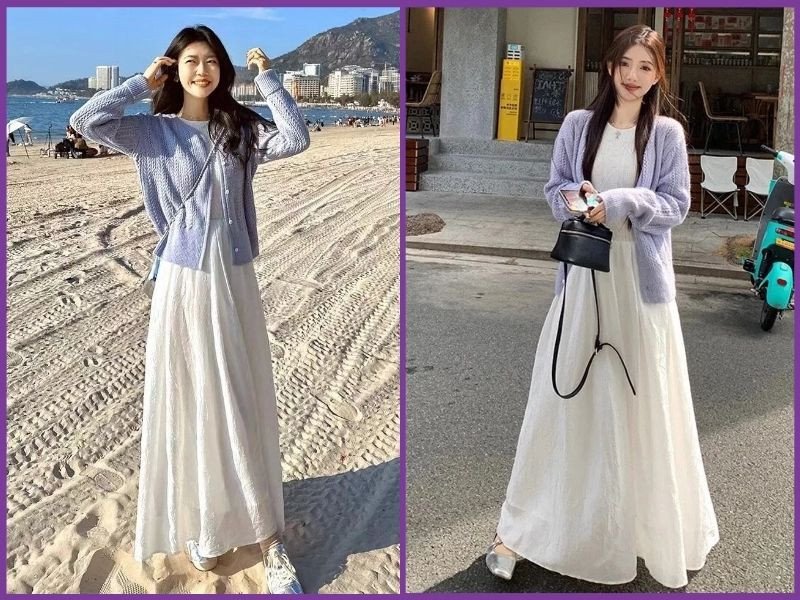 phối áo cardigan với chân váy chữ a dáng dài