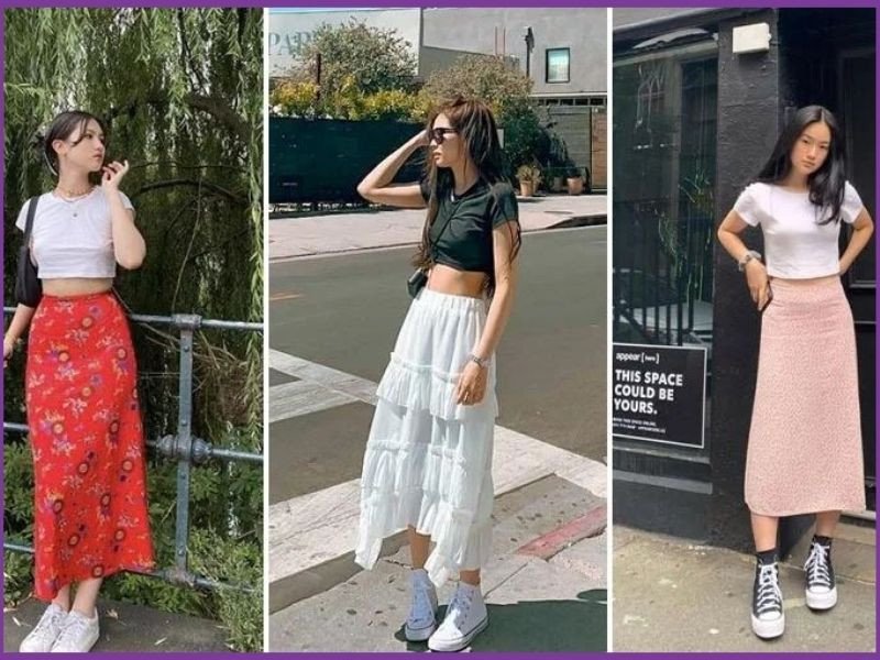 phối áo croptop với chân váy chữ a dáng dài