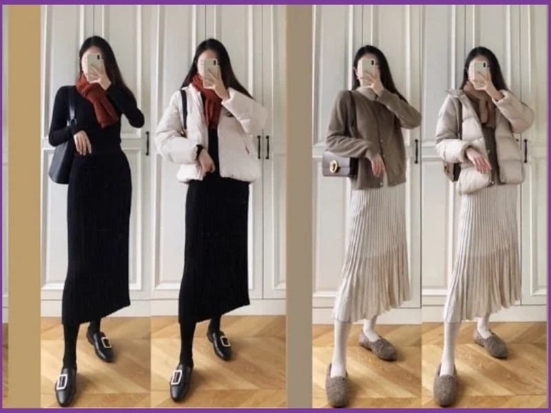 phối áo giữ nhiệt và áo phao với chân váy chữ a dáng dài